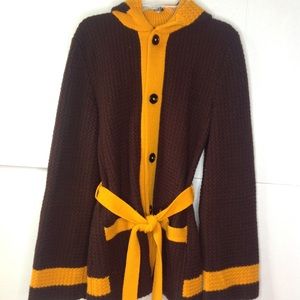 Brown Yellow Crochet Sweater Coat Knit Hoodie Coat